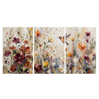 A small hummingbird among delicate pink, rust and ivory flowers set of 3 poster prints viewed straight on