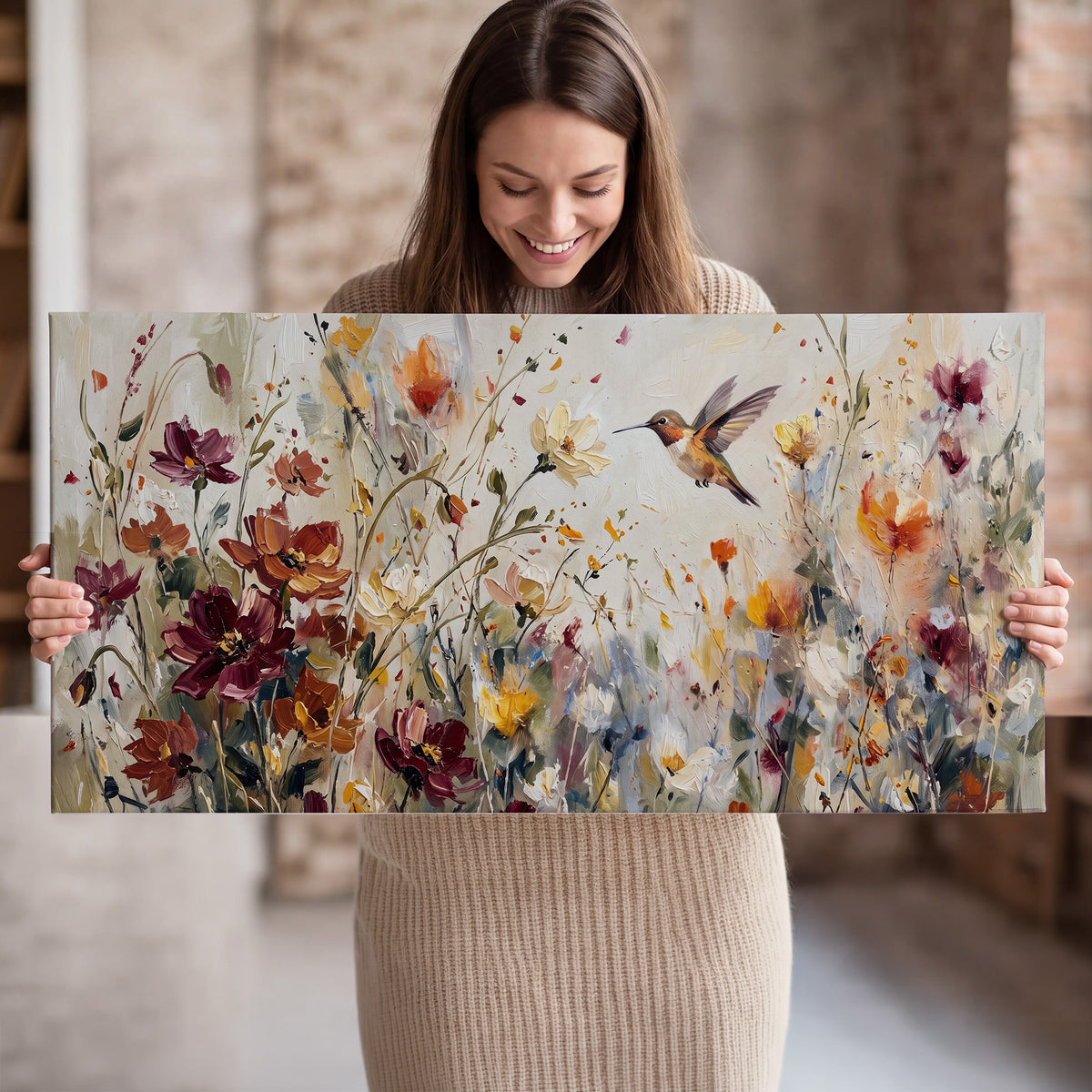 A small hummingbird among delicate pink, rust and ivory flowers single canvas wall art held in hands