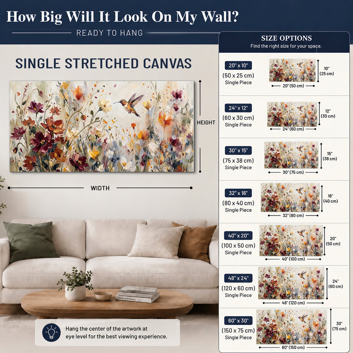 A small hummingbird among delicate pink, rust and ivory flowers single canvas wall art size guide above a sofa; room view is illustrative