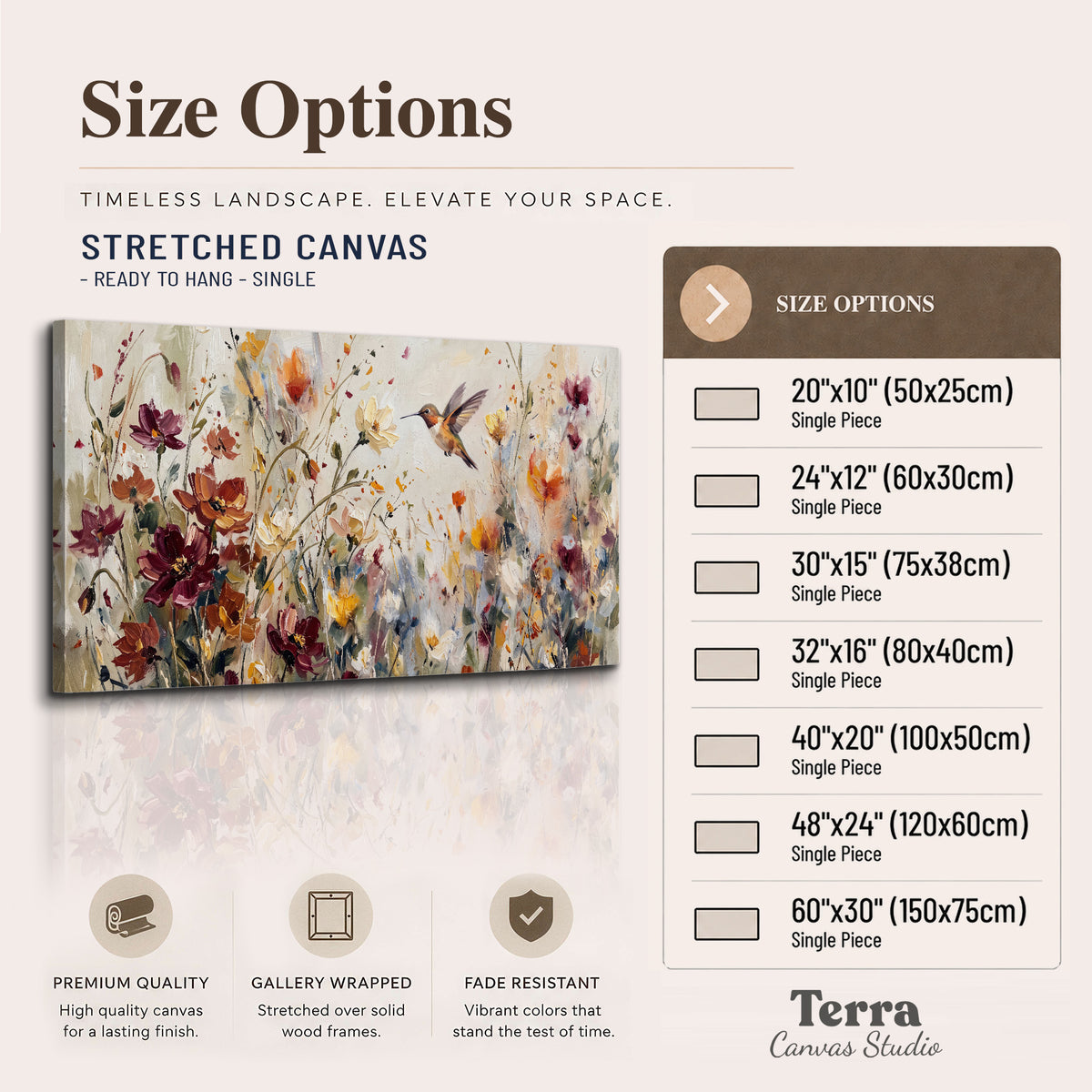 A small hummingbird among delicate pink, rust and ivory flowers single canvas wall art available dimensions