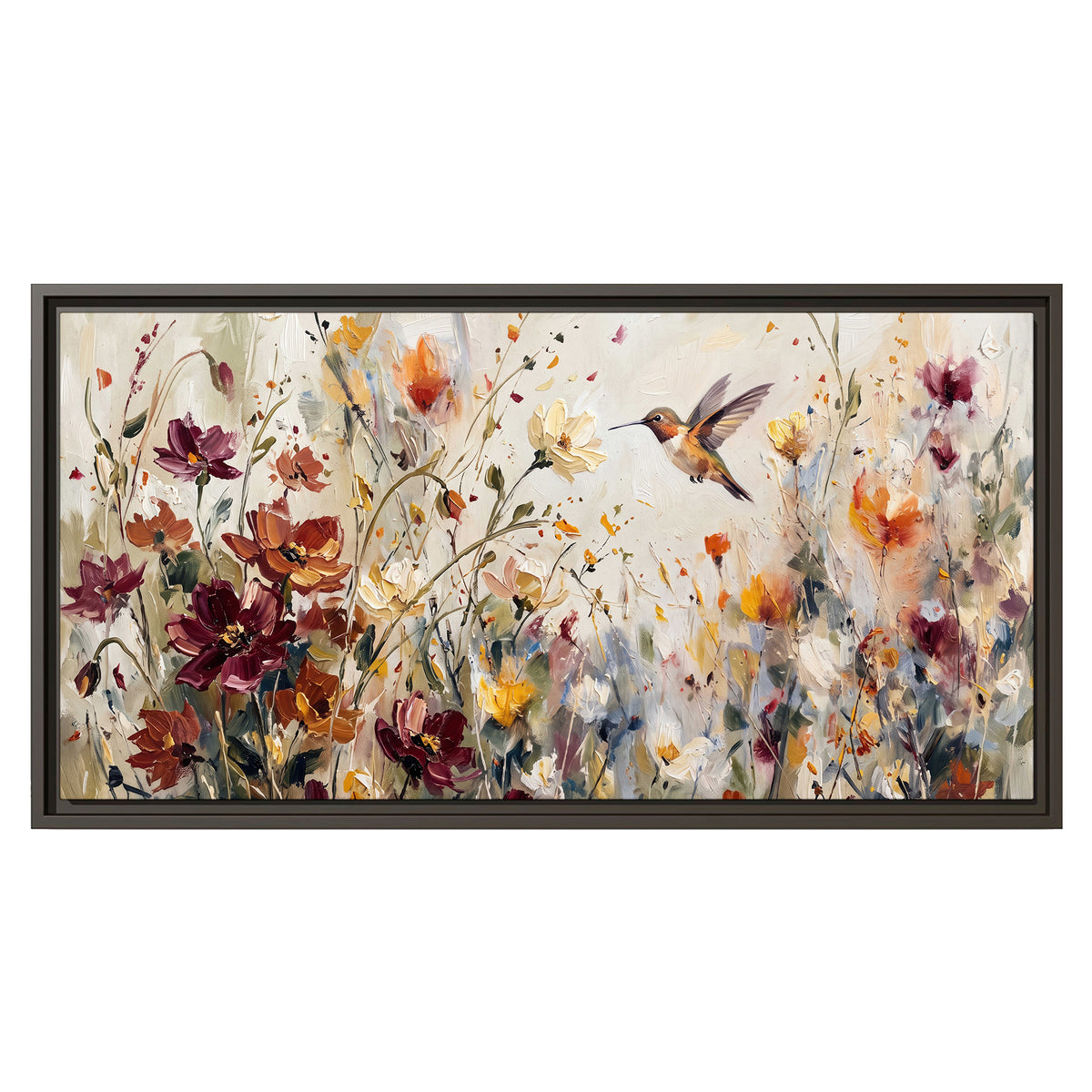A small hummingbird among delicate pink, rust and ivory flowers single framed canvas wall art viewed straight on