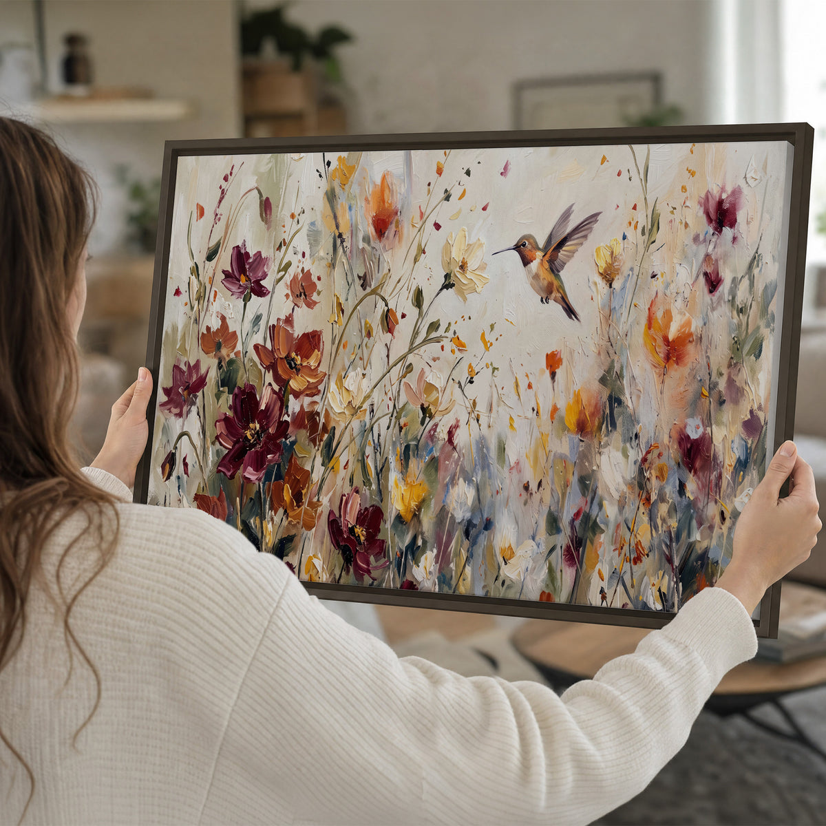 A small hummingbird among delicate pink, rust and ivory flowers single framed canvas wall art held in hands