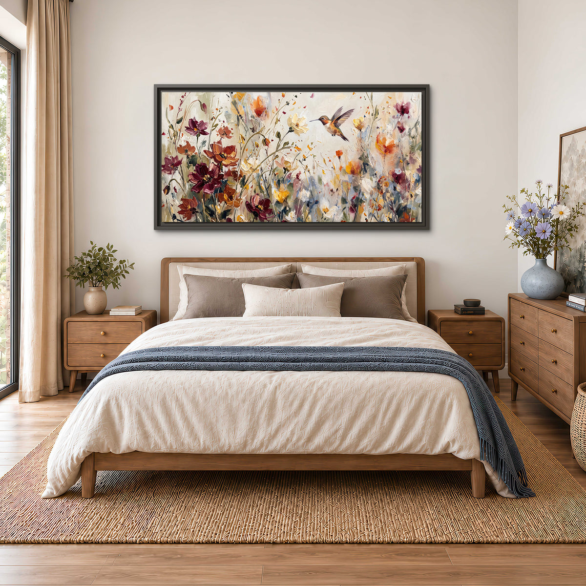 A small hummingbird among delicate pink, rust and ivory flowers single framed canvas wall art styled in an interior