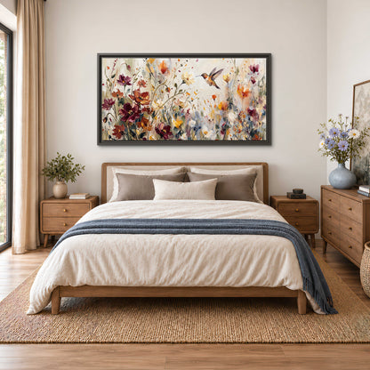 A small hummingbird among delicate pink, rust and ivory flowers single framed canvas wall art styled in an interior