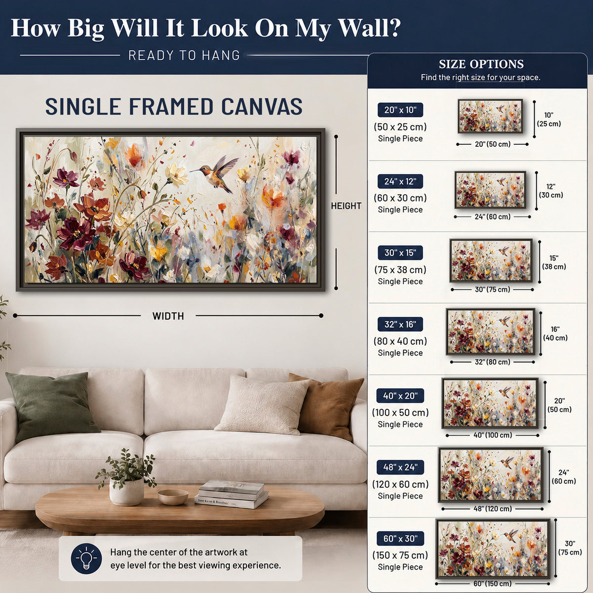 A small hummingbird among delicate pink, rust and ivory flowers single framed canvas wall art size guide above a sofa; room view is illustrative