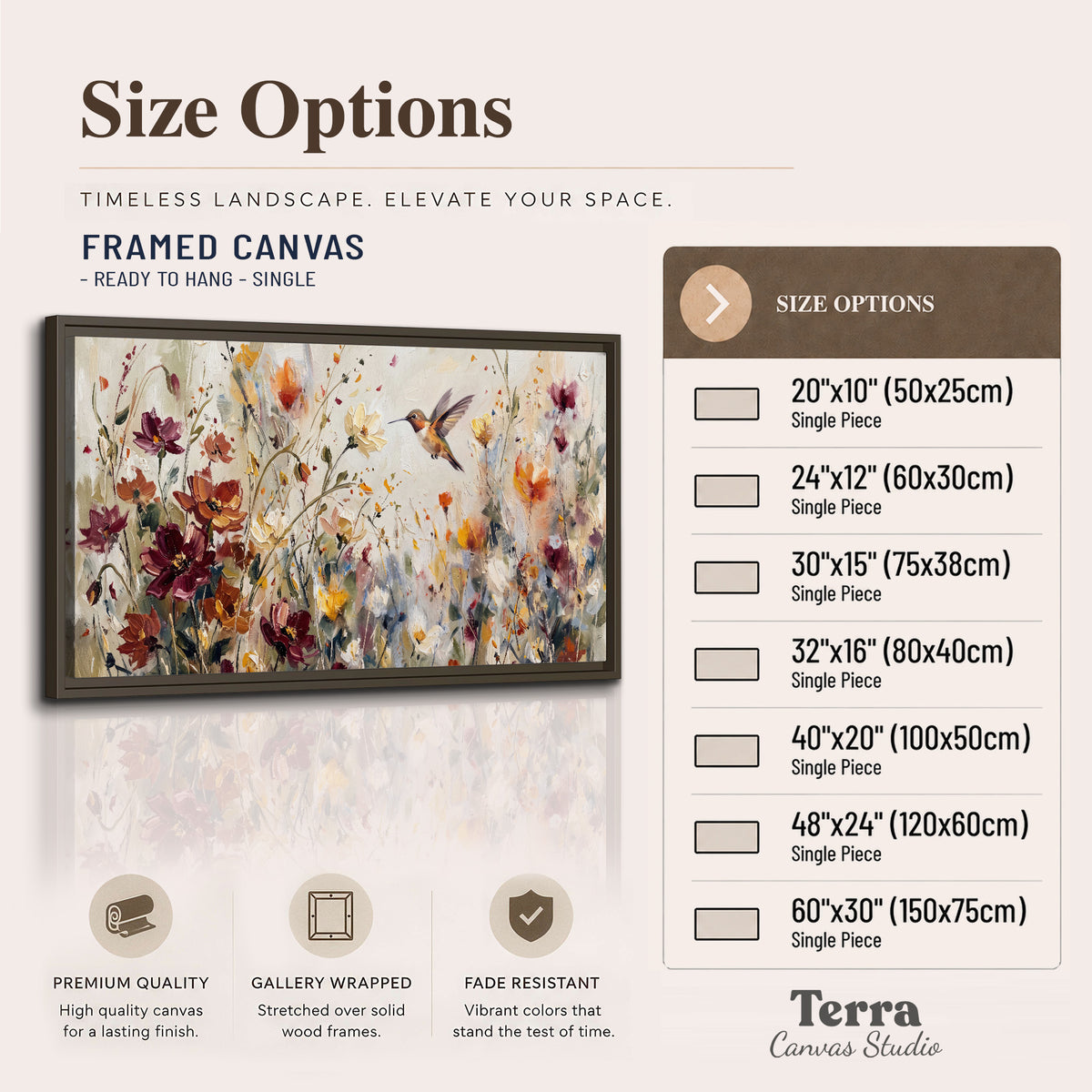 A small hummingbird among delicate pink, rust and ivory flowers single framed canvas wall art available dimensions