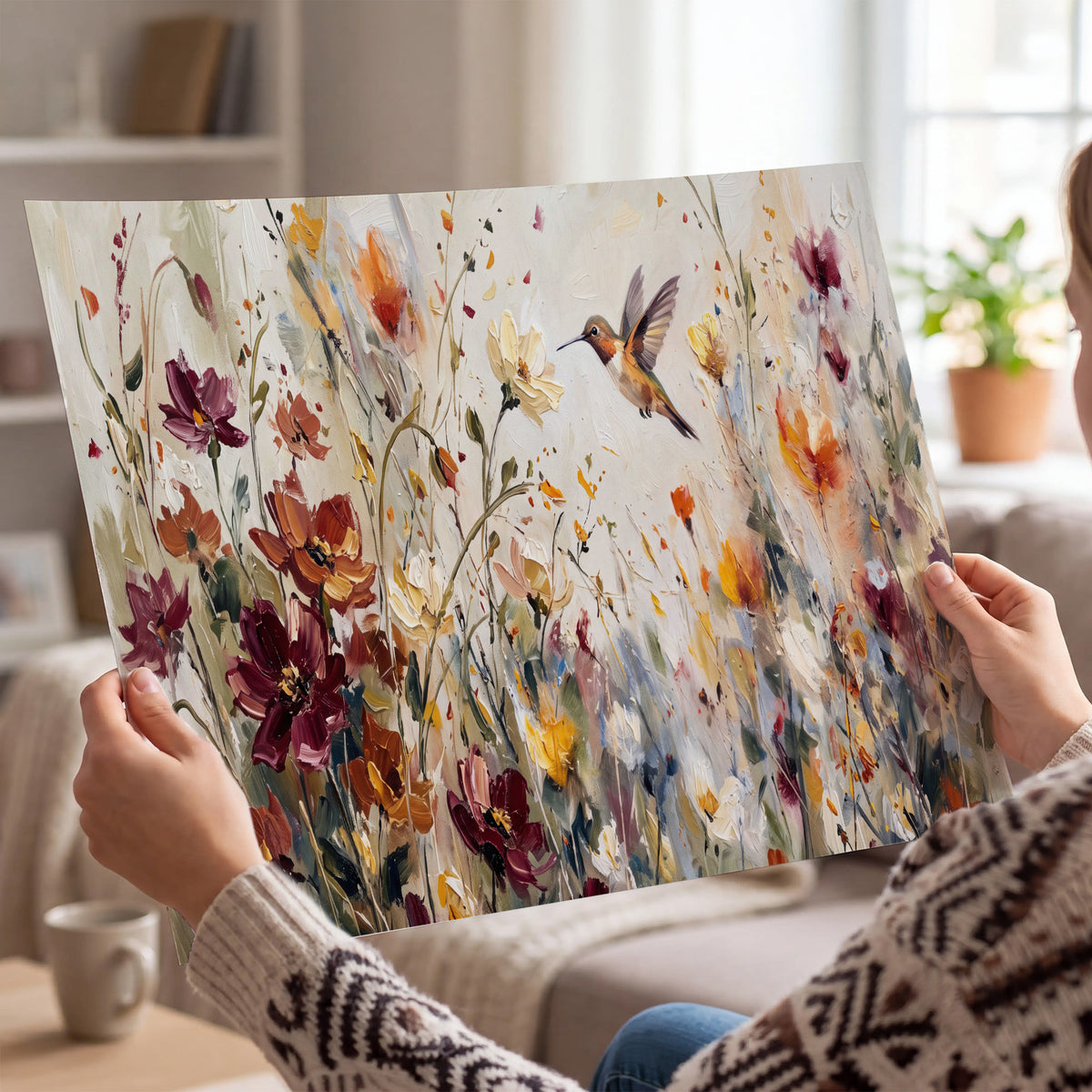 A small hummingbird among delicate pink, rust and ivory flowers single poster print held in hands