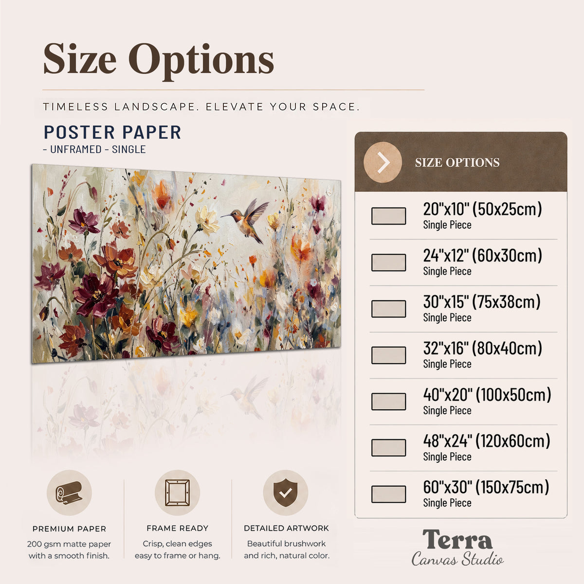 A small hummingbird among delicate pink, rust and ivory flowers single poster print available dimensions