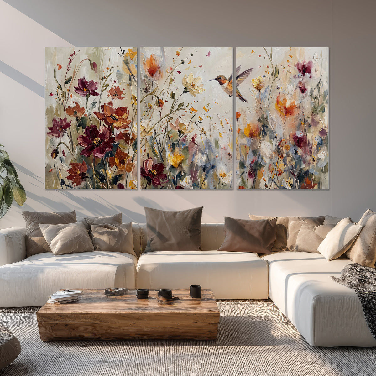 A small hummingbird among delicate pink, rust and ivory flowers set of 3 poster prints displayed in a living room