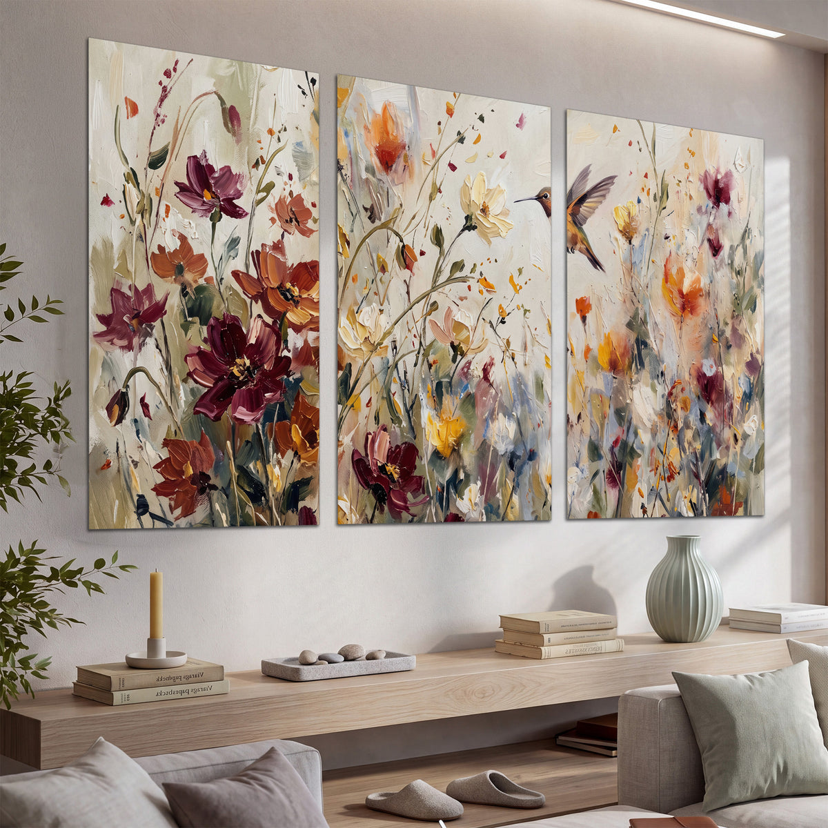A small hummingbird among delicate pink, rust and ivory flowers set of 3 poster prints displayed in a console