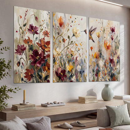 A small hummingbird among delicate pink, rust and ivory flowers set of 3 poster prints displayed in a console