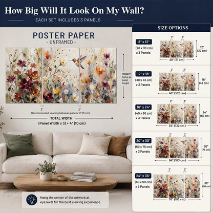 A small hummingbird among delicate pink, rust and ivory flowers set of 3 poster prints size guide above a sofa; room view is illustrative