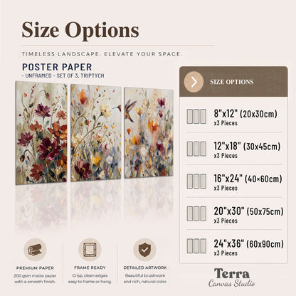 A small hummingbird among delicate pink, rust and ivory flowers set of 3 poster prints available dimensions; triptych dimensions are per panel