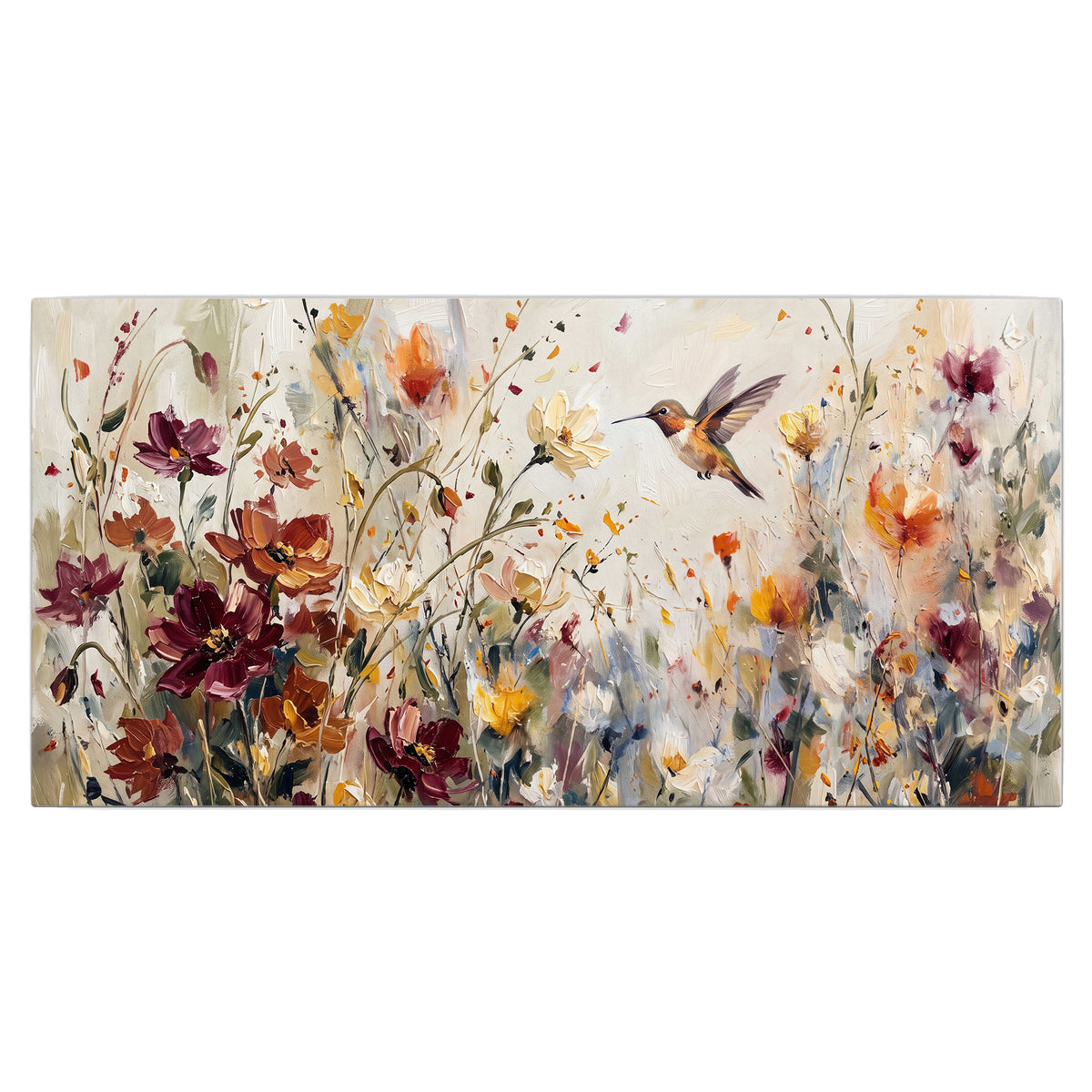 A small hummingbird among delicate pink, rust and ivory flowers single canvas wall art viewed straight on