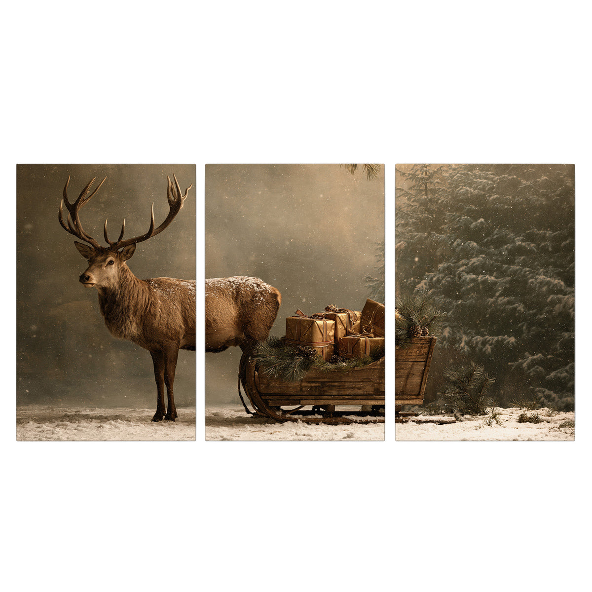 A stag beside a rustic gift-filled sleigh in a misty evergreen woodland 3 piece canvas wall art viewed straight on