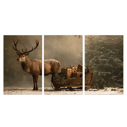 A stag beside a rustic gift-filled sleigh in a misty evergreen woodland 3 piece canvas wall art viewed straight on