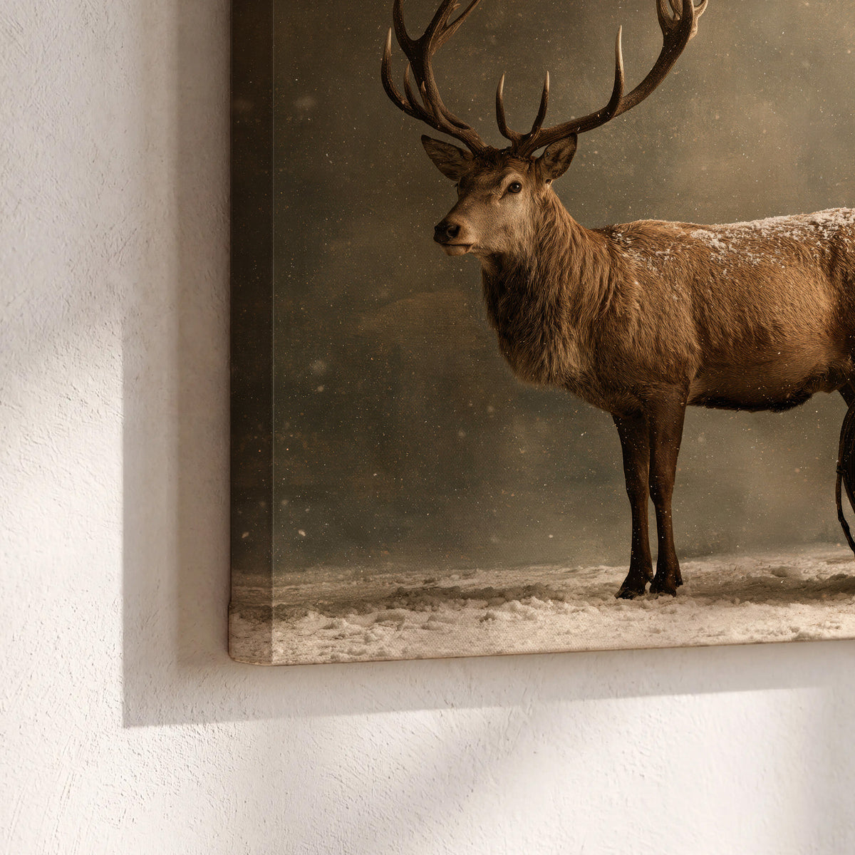 A stag beside a rustic gift-filled sleigh in a misty evergreen woodland 3 piece canvas wall art material and edge close up