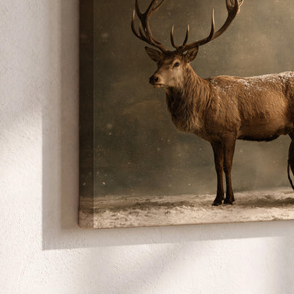 A stag beside a rustic gift-filled sleigh in a misty evergreen woodland 3 piece canvas wall art material and edge close up