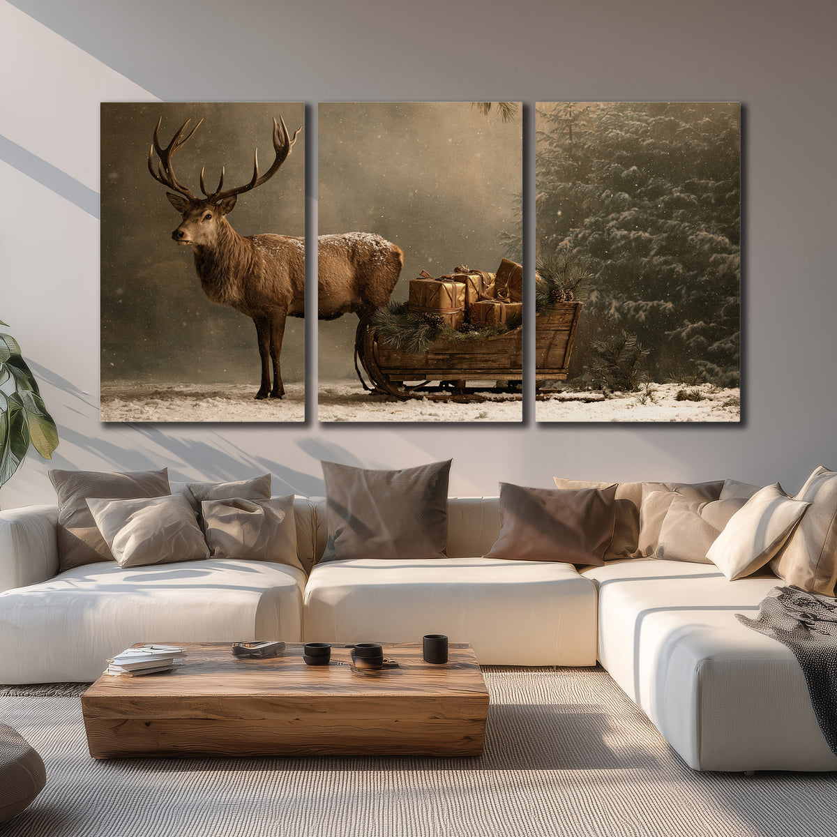 A stag beside a rustic gift-filled sleigh in a misty evergreen woodland 3 piece canvas wall art displayed in a living room