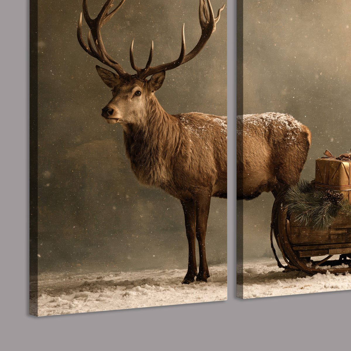 A stag beside a rustic gift-filled sleigh in a misty evergreen woodland 3 piece canvas wall art room and product view