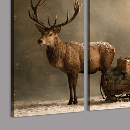 A stag beside a rustic gift-filled sleigh in a misty evergreen woodland 3 piece canvas wall art room and product view