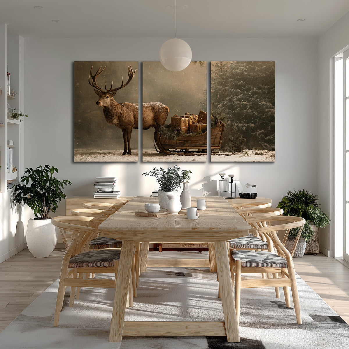 A stag beside a rustic gift-filled sleigh in a misty evergreen woodland 3 piece canvas wall art room and product view