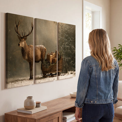 A stag beside a rustic gift-filled sleigh in a misty evergreen woodland 3 piece canvas wall art three panel arrangement on a wall