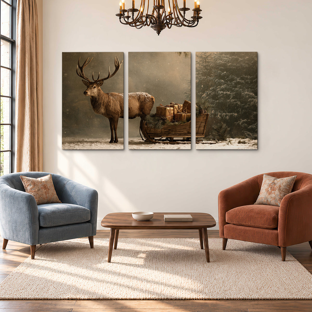 A stag beside a rustic gift-filled sleigh in a misty evergreen woodland 3 piece canvas wall art styled in an interior