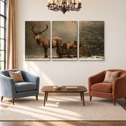 A stag beside a rustic gift-filled sleigh in a misty evergreen woodland 3 piece canvas wall art styled in an interior