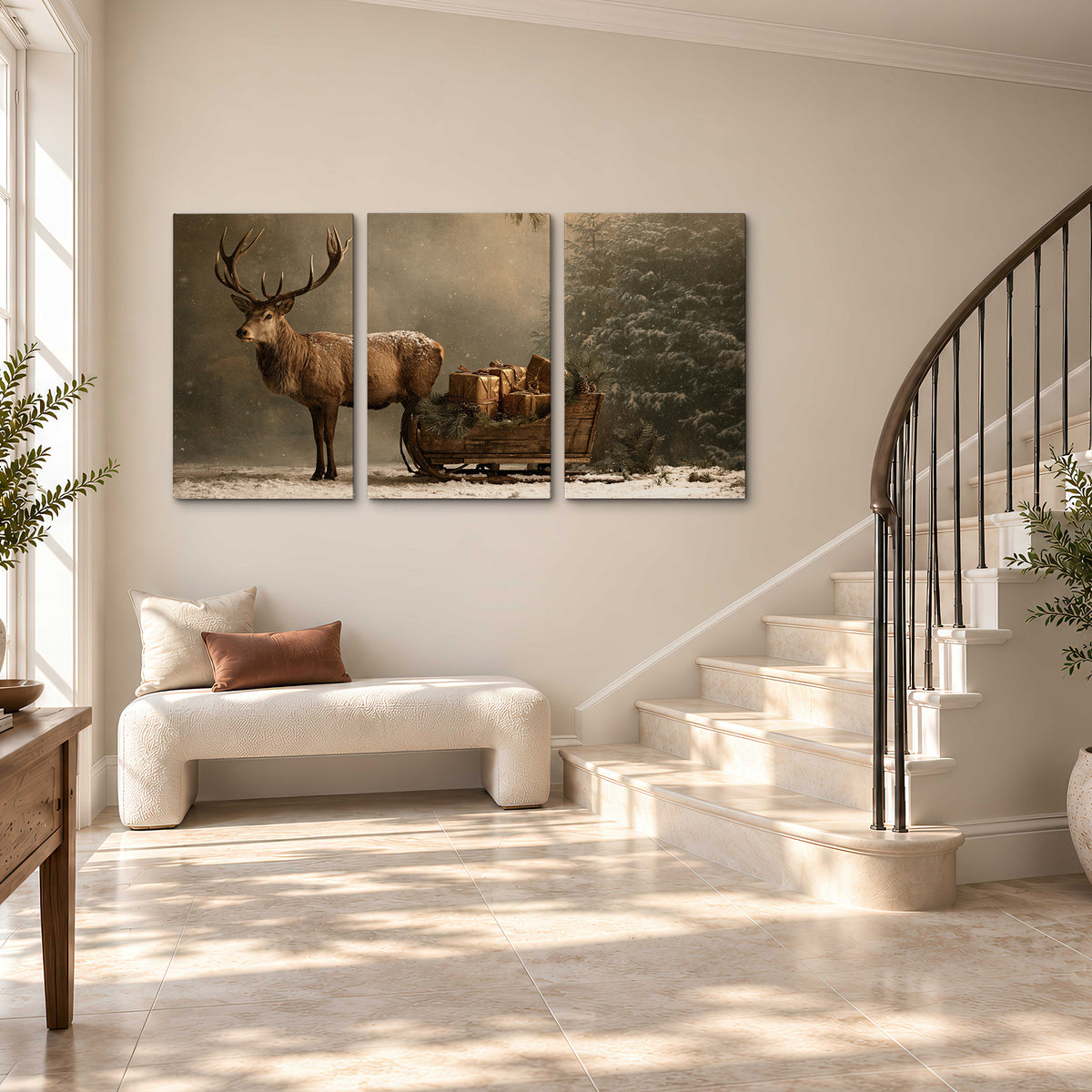 A stag beside a rustic gift-filled sleigh in a misty evergreen woodland 3 piece canvas wall art styled in an interior
