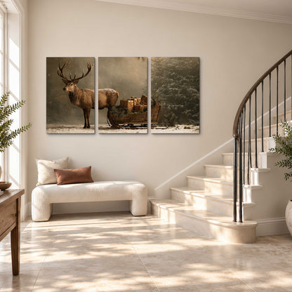 A stag beside a rustic gift-filled sleigh in a misty evergreen woodland 3 piece canvas wall art styled in an interior