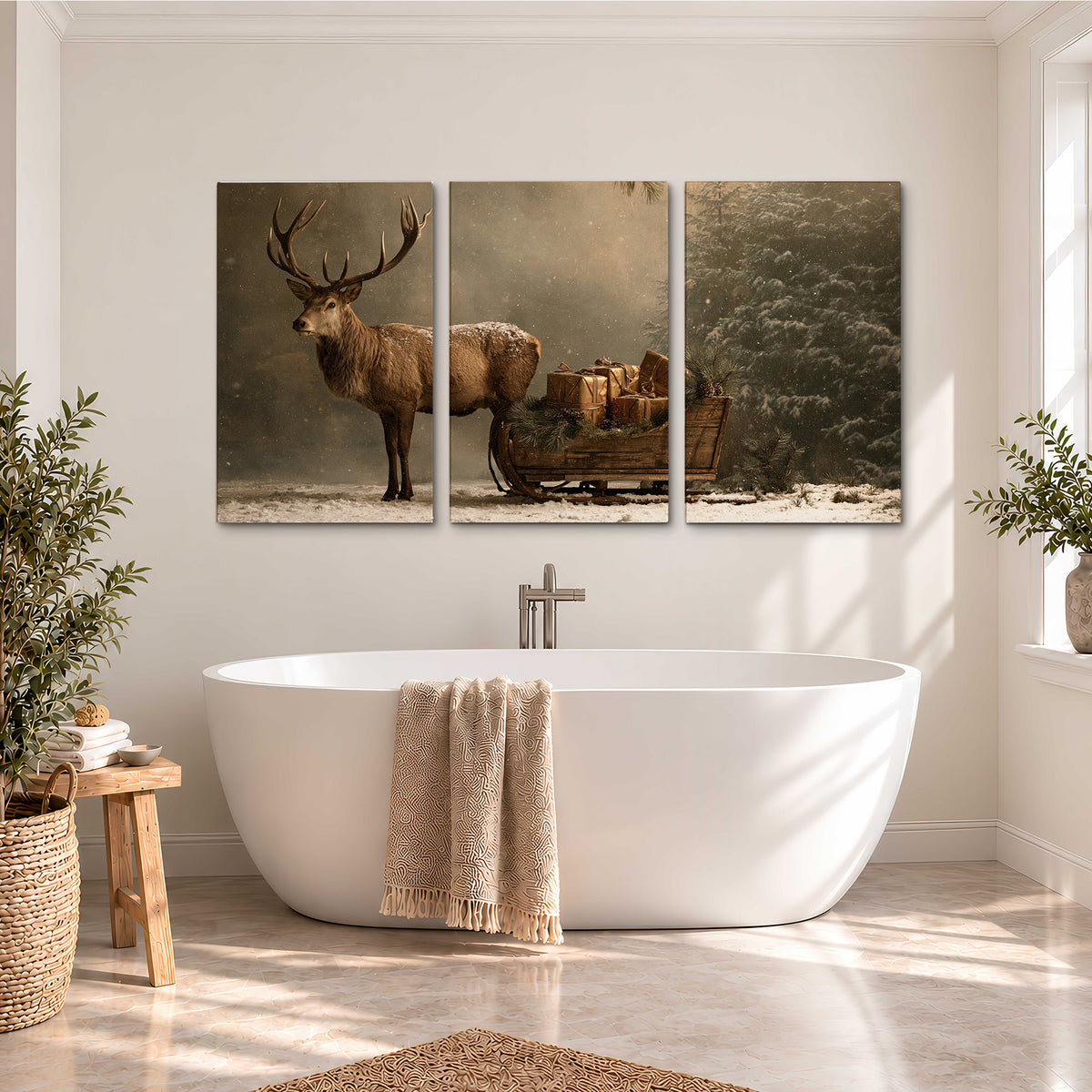 A stag beside a rustic gift-filled sleigh in a misty evergreen woodland 3 piece canvas wall art styled in an interior