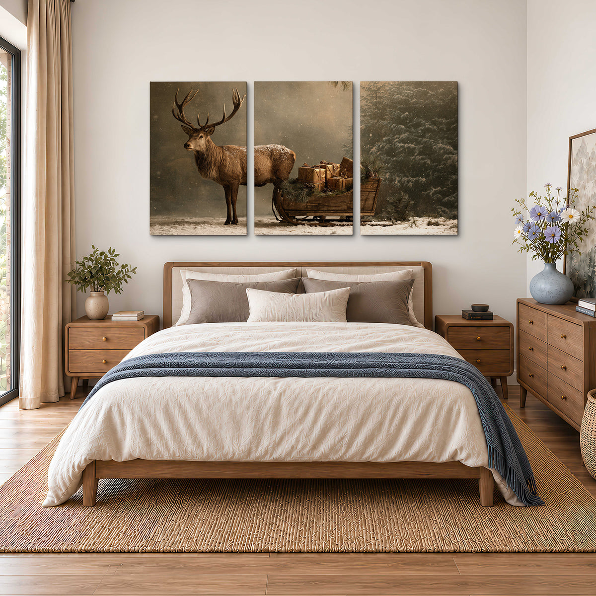 A stag beside a rustic gift-filled sleigh in a misty evergreen woodland 3 piece canvas wall art styled in an interior