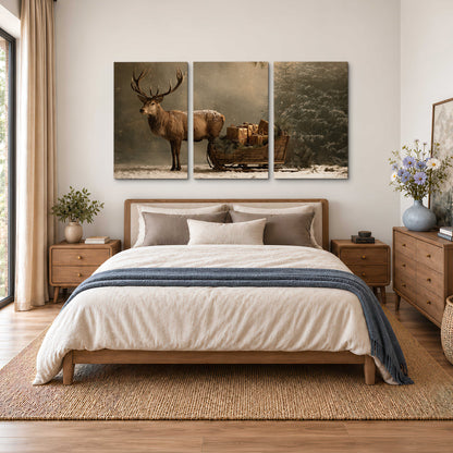 A stag beside a rustic gift-filled sleigh in a misty evergreen woodland 3 piece canvas wall art styled in an interior