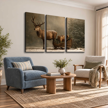 A stag beside a rustic gift-filled sleigh in a misty evergreen woodland 3 piece canvas wall art styled in an interior