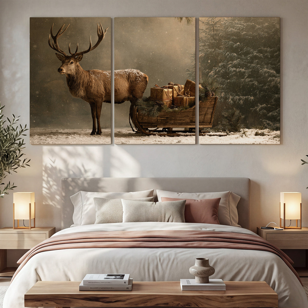 A stag beside a rustic gift-filled sleigh in a misty evergreen woodland 3 piece canvas wall art displayed in a bedroom