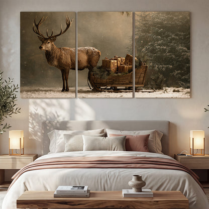 A stag beside a rustic gift-filled sleigh in a misty evergreen woodland 3 piece canvas wall art displayed in a bedroom