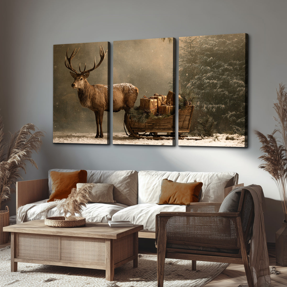 A stag beside a rustic gift-filled sleigh in a misty evergreen woodland 3 piece canvas wall art displayed in a rustic living room