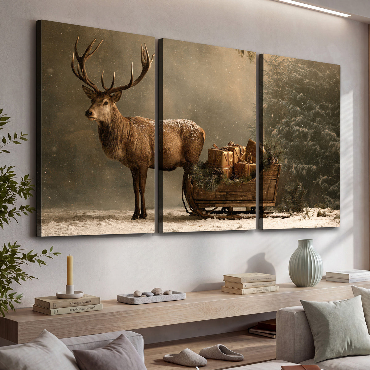 A stag beside a rustic gift-filled sleigh in a misty evergreen woodland 3 piece canvas wall art displayed in a console