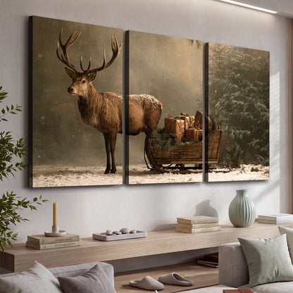 A stag beside a rustic gift-filled sleigh in a misty evergreen woodland 3 piece canvas wall art displayed in a console