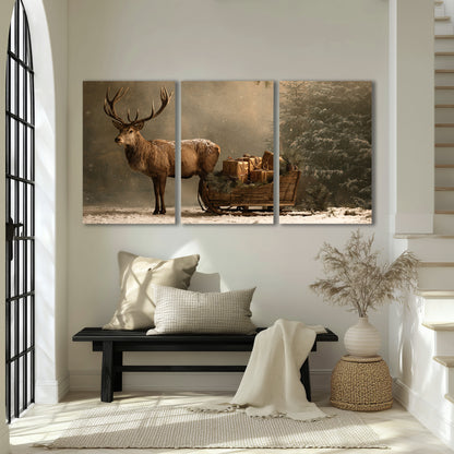 A stag beside a rustic gift-filled sleigh in a misty evergreen woodland 3 piece canvas wall art displayed in a entryway