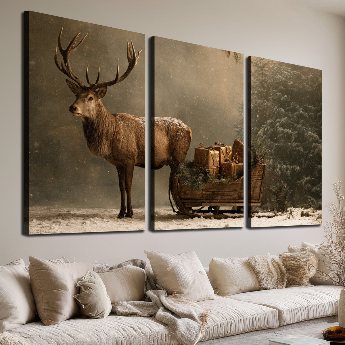 A stag beside a rustic gift-filled sleigh in a misty evergreen woodland 3 piece canvas wall art room and product view
