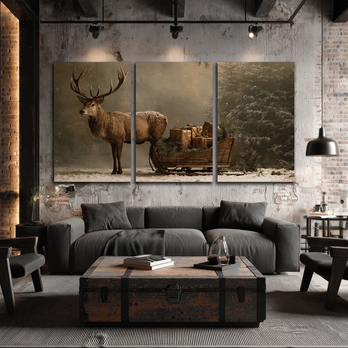A stag beside a rustic gift-filled sleigh in a misty evergreen woodland 3 piece canvas wall art displayed in a industrial room