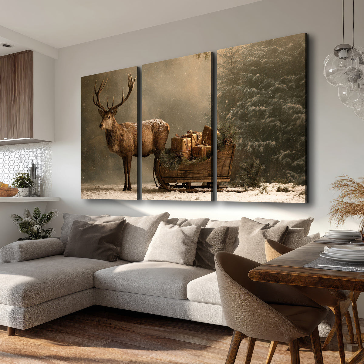 A stag beside a rustic gift-filled sleigh in a misty evergreen woodland 3 piece canvas wall art room and product view