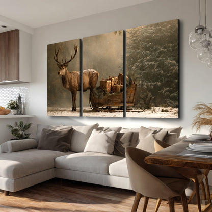 A stag beside a rustic gift-filled sleigh in a misty evergreen woodland 3 piece canvas wall art room and product view