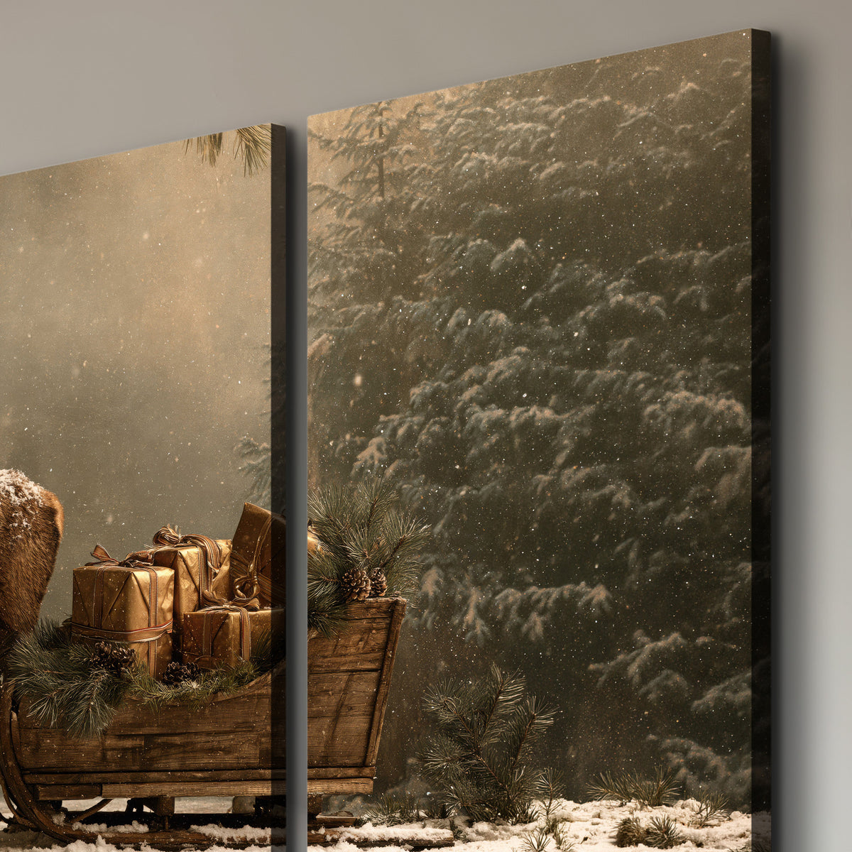 A stag beside a rustic gift-filled sleigh in a misty evergreen woodland 3 piece canvas wall art room and product view
