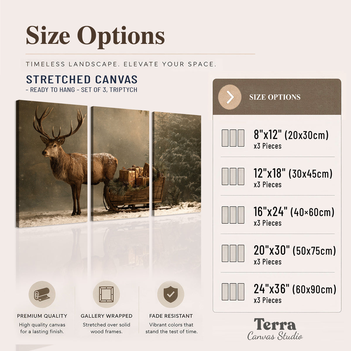 A stag beside a rustic gift-filled sleigh in a misty evergreen woodland 3 piece canvas wall art available dimensions; triptych dimensions are per panel