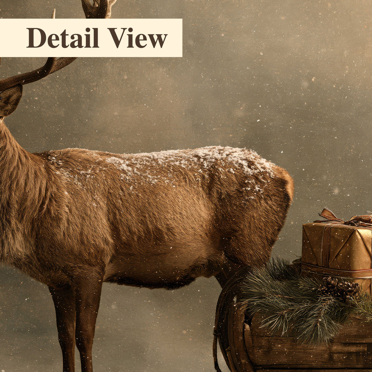 A stag beside a rustic gift-filled sleigh in a misty evergreen woodland 3 piece canvas wall art artwork detail close up