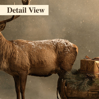A stag beside a rustic gift-filled sleigh in a misty evergreen woodland 3 piece canvas wall art artwork detail close up