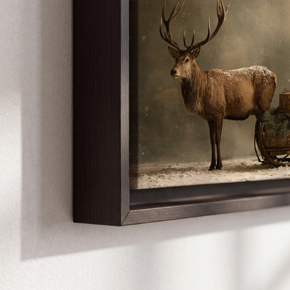 A stag beside a rustic gift-filled sleigh in a misty evergreen woodland 3 piece framed canvas wall art material and edge close up